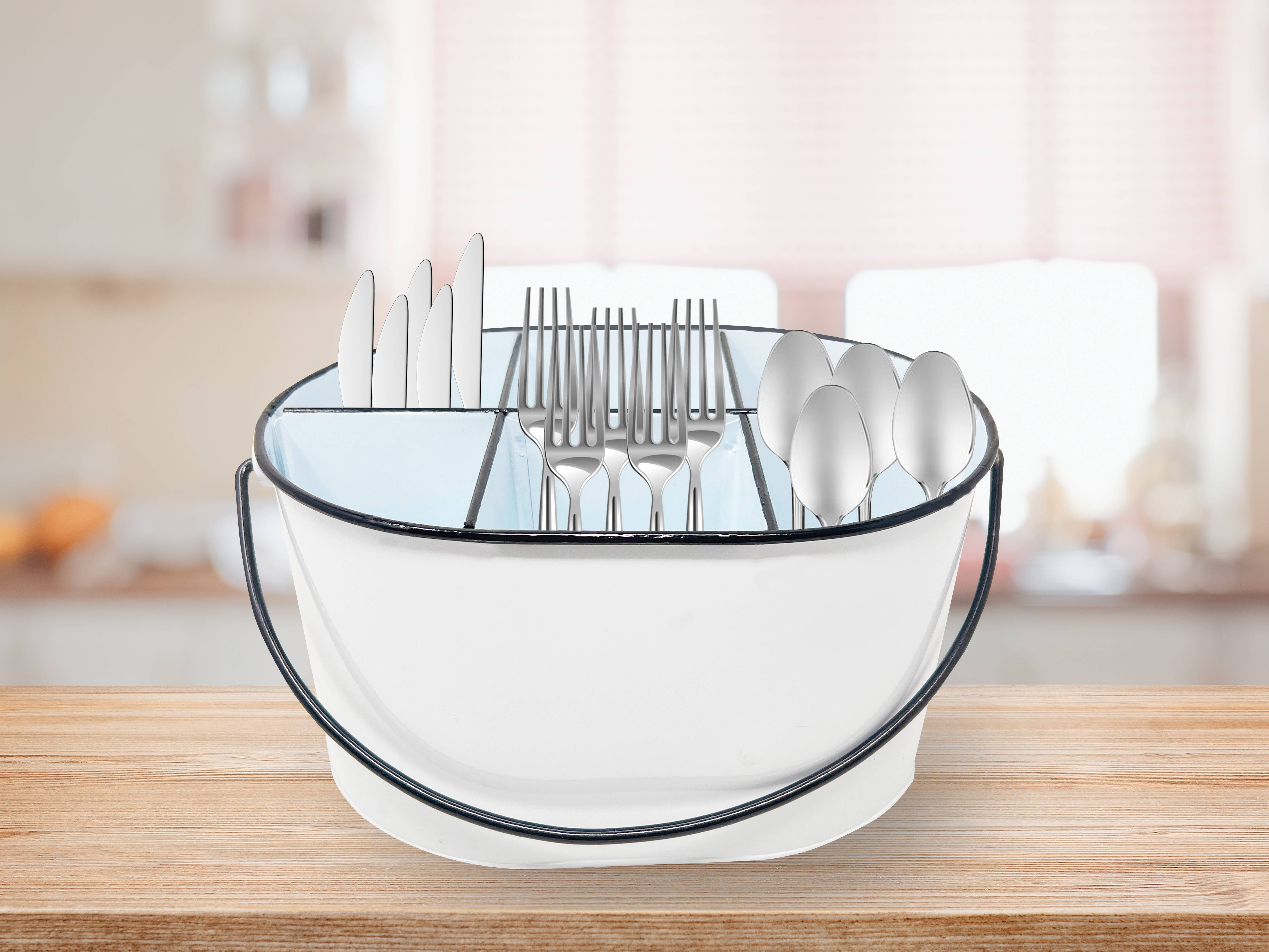 Gathery Designs White Metal Caddy Divided 6 Compartments Basket Storage Bin with Metal Handle for Home, Kitchen, Wedding, Party, Events and More