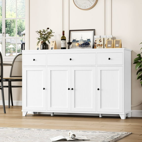 Homfa 55"W Kitchen Sideboard Credenza, 4-Doors 3-Drawer Wood Buffet Storage Cabinet with Adjustable Shelves, White