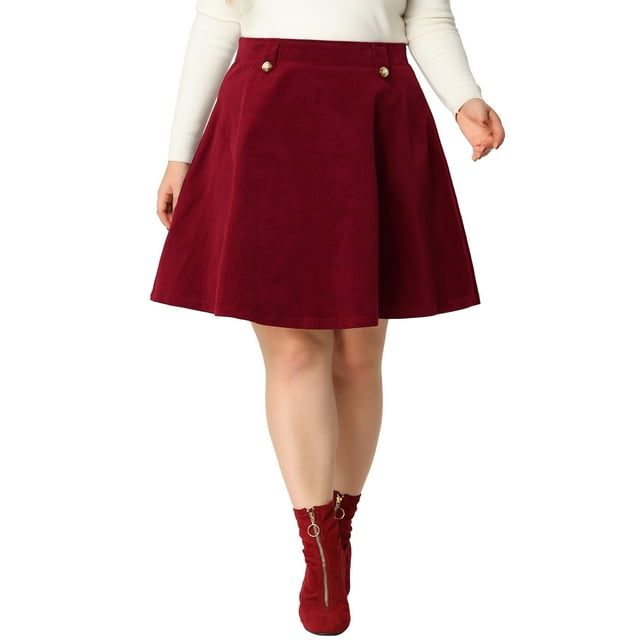 Unique Bargains Plus Size Skirts for Women Mini Elastic Waist Button Decor A Line Skirt 1X Burgundy