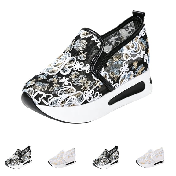 Domzle Women's Floral Embroidery Mesh Sneakers Breathable Slip On Wedges Walking Shoes Fashion Lace Platform Sneakers Hidden Wedge High Top Comfort Work Outdoor Travel Sports Shoes Black