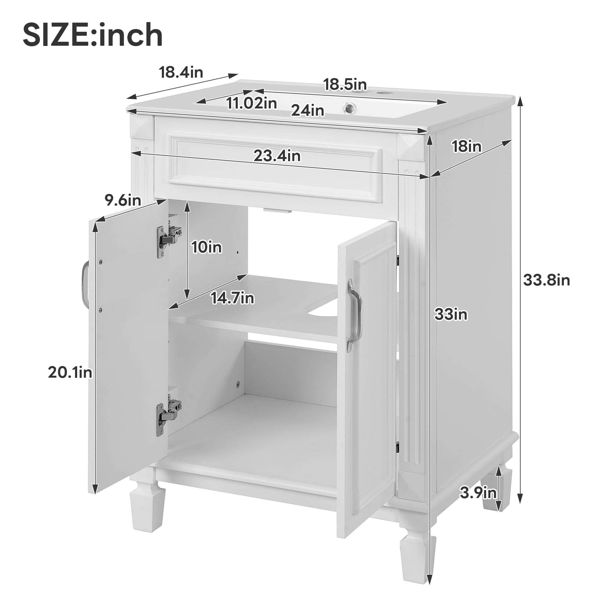 Euroco 24'' Bathroom Vanity with Top Sink, Modern Bathroom Storage Cabinet with 2 Soft-Closing Doors and Adjustable Shelf, Solid Wood Frame