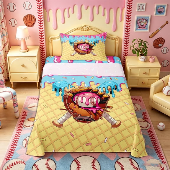 Castle Fairy Sport Baseball Twin Sheets 3pcs, Ice Cream Sundae Pattern Bedding, Pink Yellow Blue,1 Fitted Sheet, 1 Flat Sheet and 1 Pillowcase
