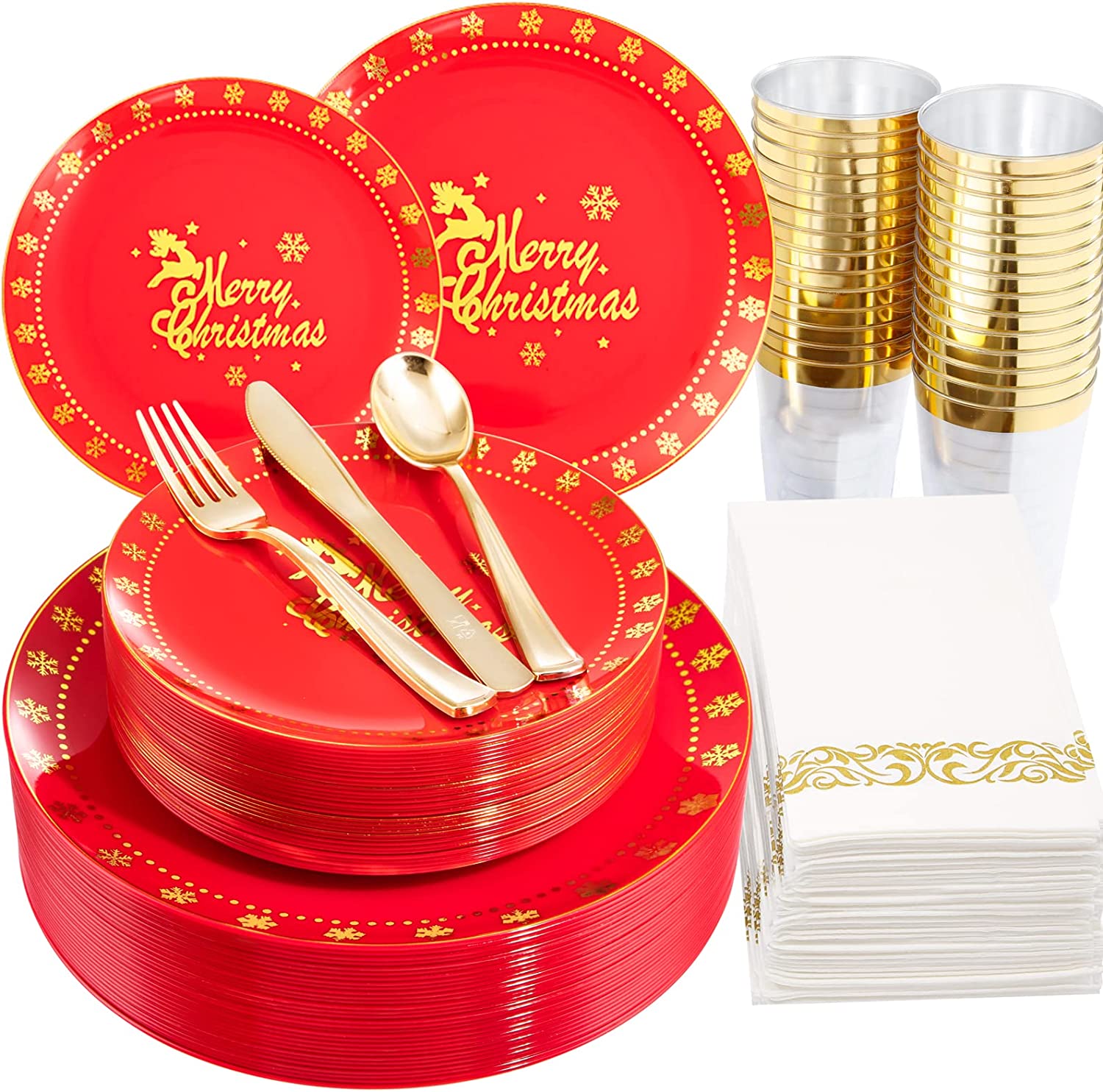 210pcs Merry Christmas Plates Red Plastic Plates with Gold Snowflakes