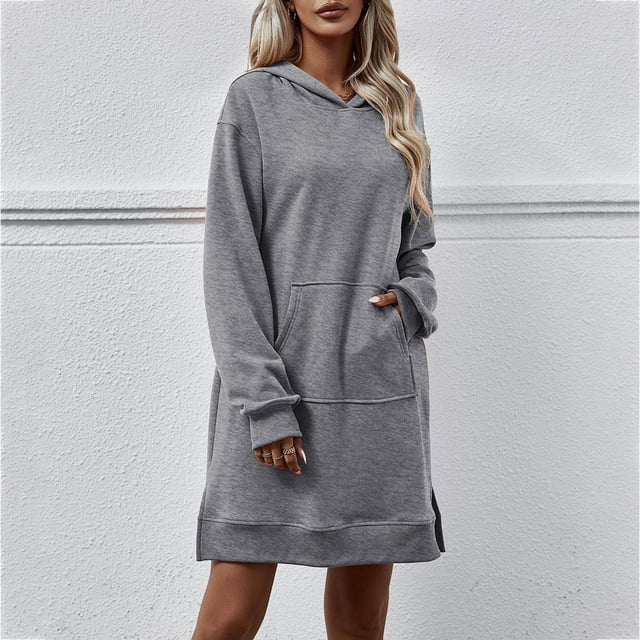 Gspmoly Robes pour Femmes, Nouvelle Robe Chandail Longue à Capuche à Manches Longues avec Poche et Fente pour l'Automne/hiver pour Femmes, Robes de Cocktail jusqu'à 65 % de Rabais