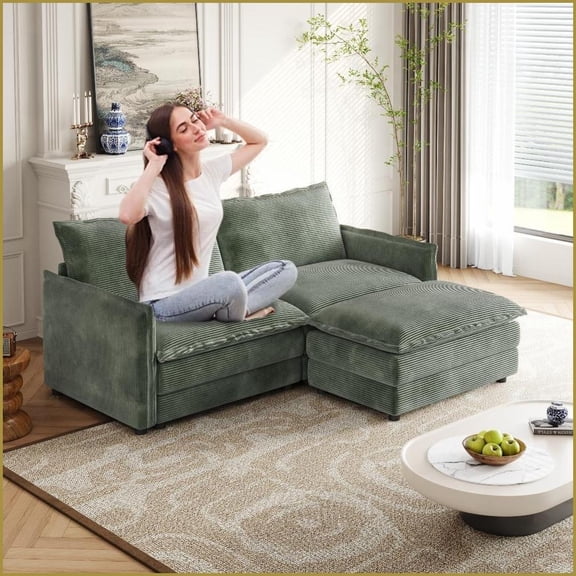 2-Seater L-Shaped Corduroy Loveseat with Ottoman – Deep Seat for Living Room | Corduroy | Cushion Back | Solid Wood Frame