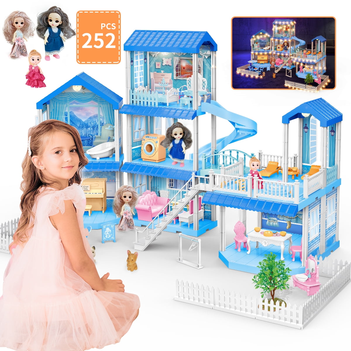 JoyStone Play Dollhouse with Doll Toy Figures and 14 Rooms Furniture and  Accessories Creative Dollhouse Gift for Girls Toddler and Kids Ages 3+ Pink