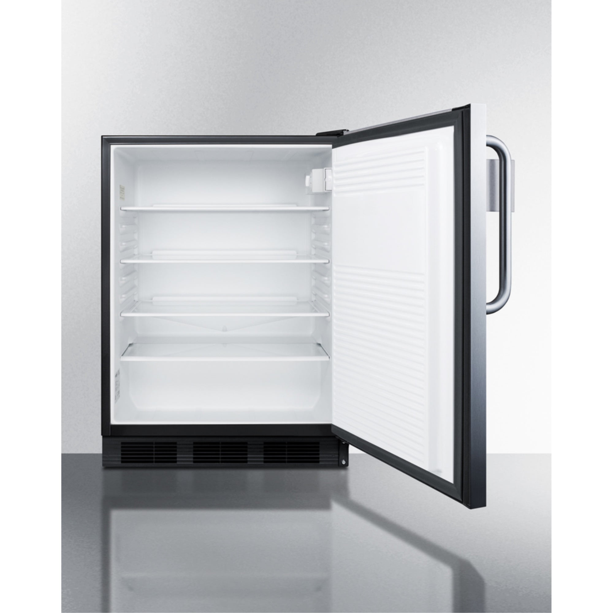 Commercially listed all-refrigerator with stainless steel door, removable speed rail, towel bar handle, and automatic defrost