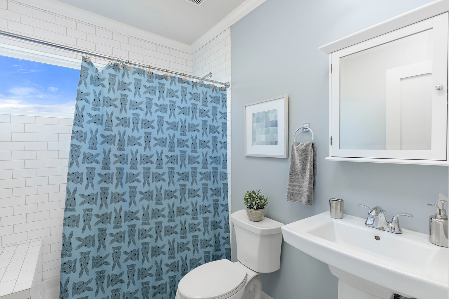 Simply Daisy 70" W x 73" L Criss Cross Bunnies Polyester Shower Curtain, After Rain Blue [1 Ct]