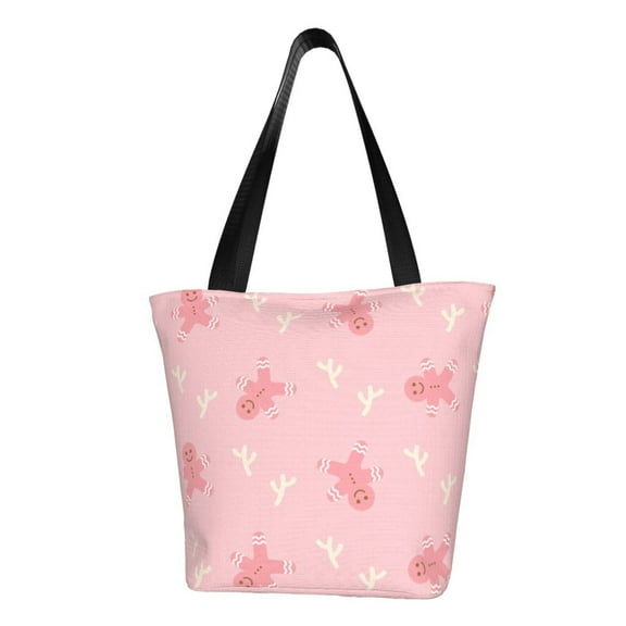 TEQUAN Reusable Shoulder Tote Bags, Pink Christmas Gingerbread Man Prints Polyester Casual Shopping Grocery Bag for Women