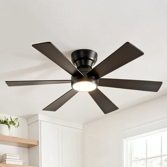 Eowynic 46-Inch Farmhouse Ceiling Fan with Light, Remote Control, Reversible DC Motor, 6-Speed, 6-Blade, Flush Mount, Black