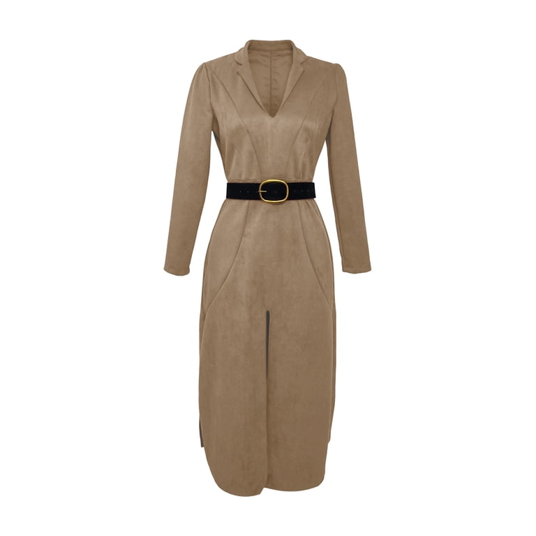 suede formal dresses Pbfrdsj Womens Long Sleeve V Neck Office Business Dress with Belt for Cocktail Party, Women's, Size: Medium, Beige collection:getaway-dresses