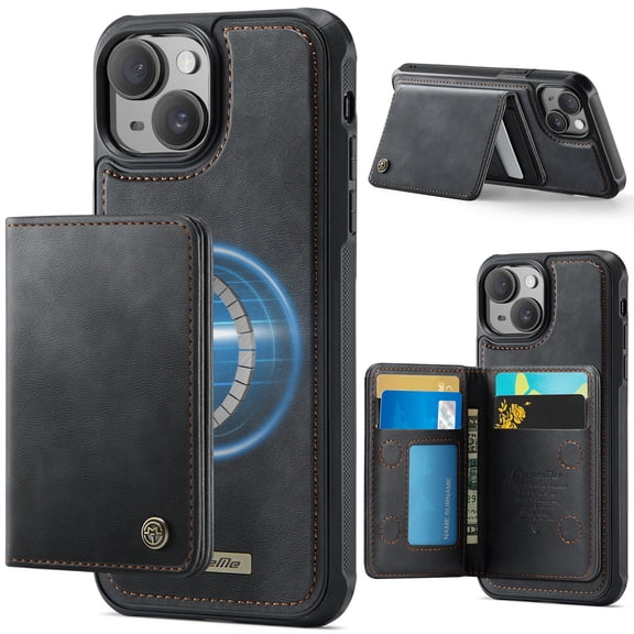 Dteck Detachable Magnetic Wallet Case for iPhone 15 Plus,Shockproof Leather TPU Card Slots Cash Pocket RFID Blocking Case Compatible with Mag Safe Kickstand Cover ,Black