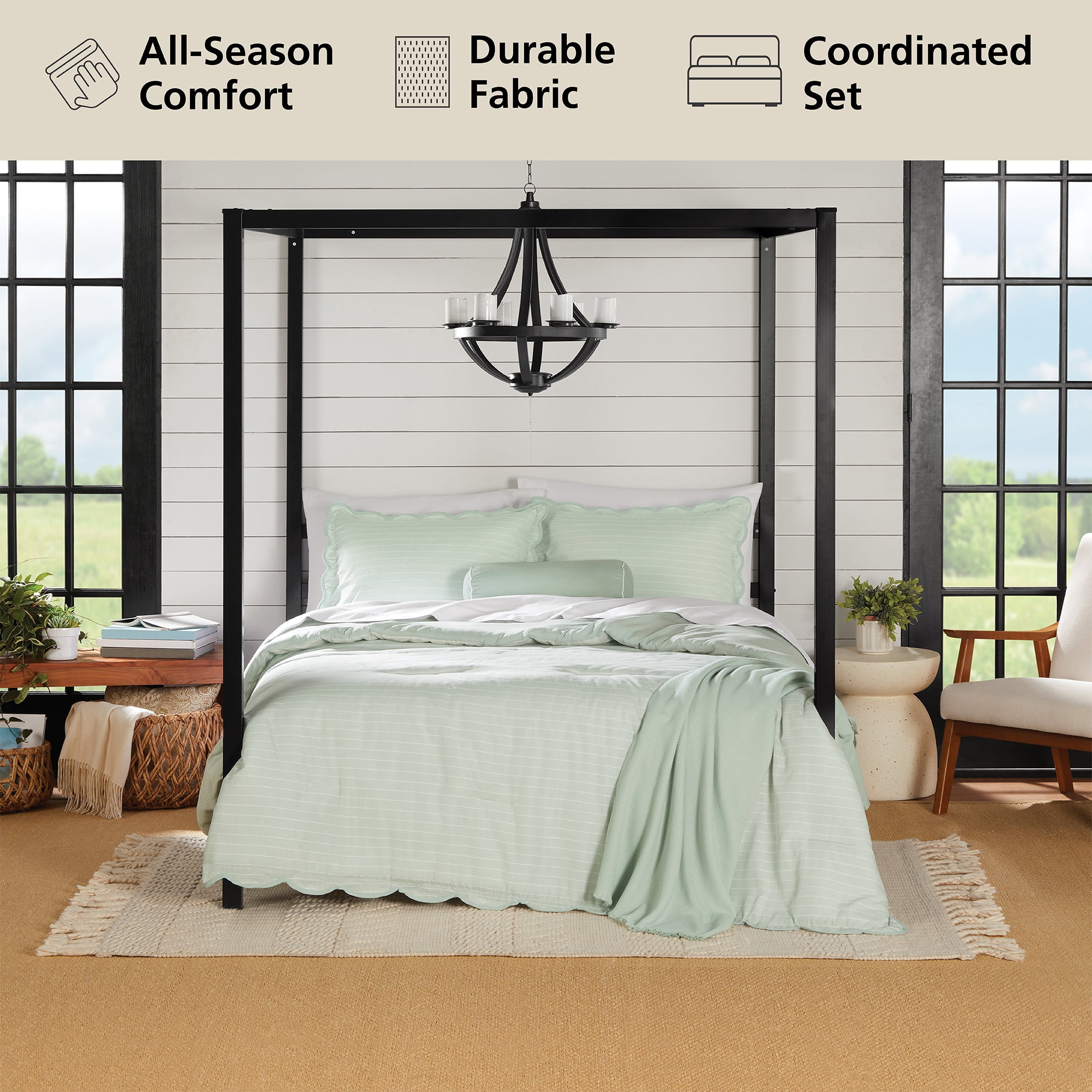 Mainstays King Comforter Set, All-Season, 5-Piece, Sage Pick Stitch Scallop