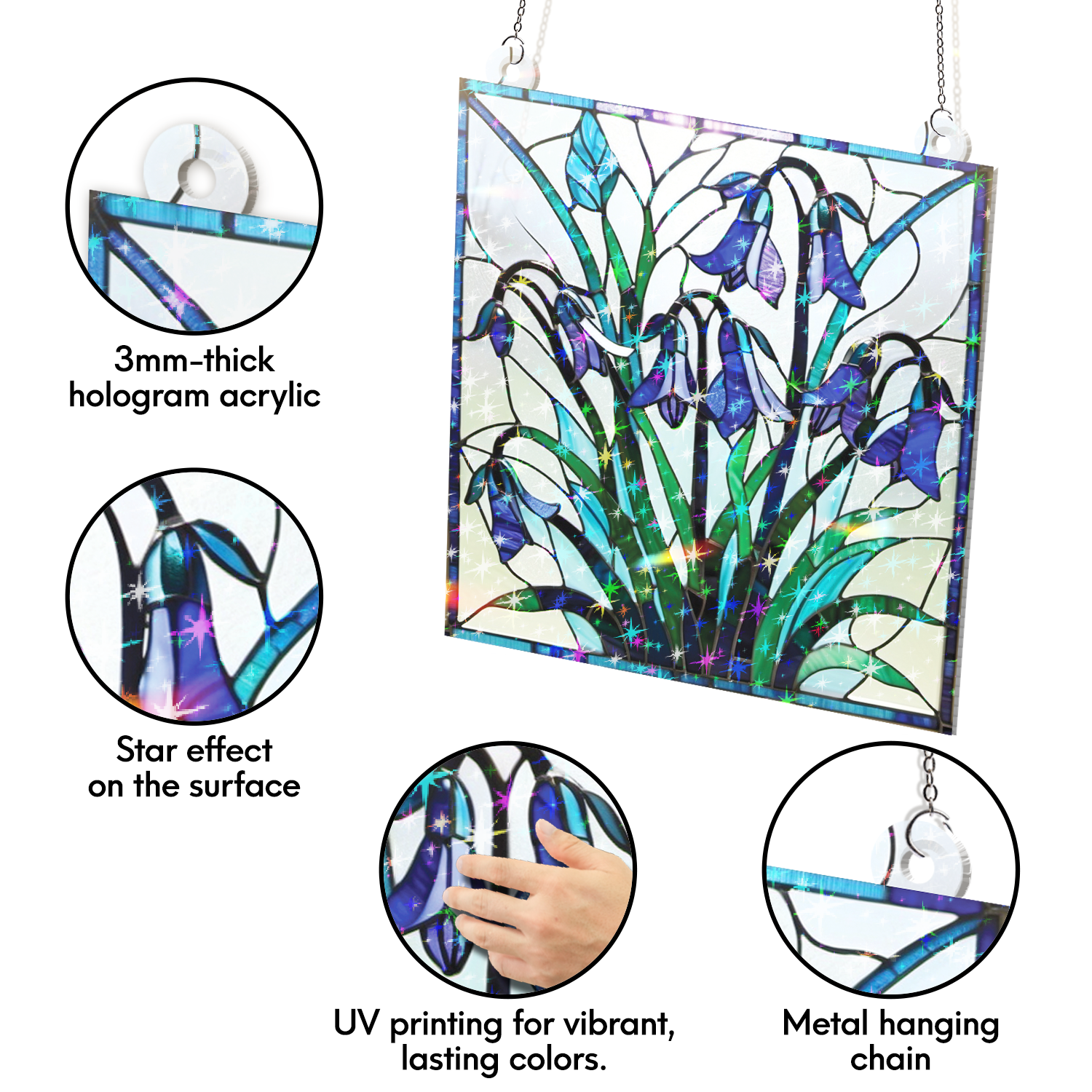 89Bloom Bluebell Stained Glass Hologram Ornament, Stained Glass Suncatcher Ornaments Home Decor, Holographic Ornaments
