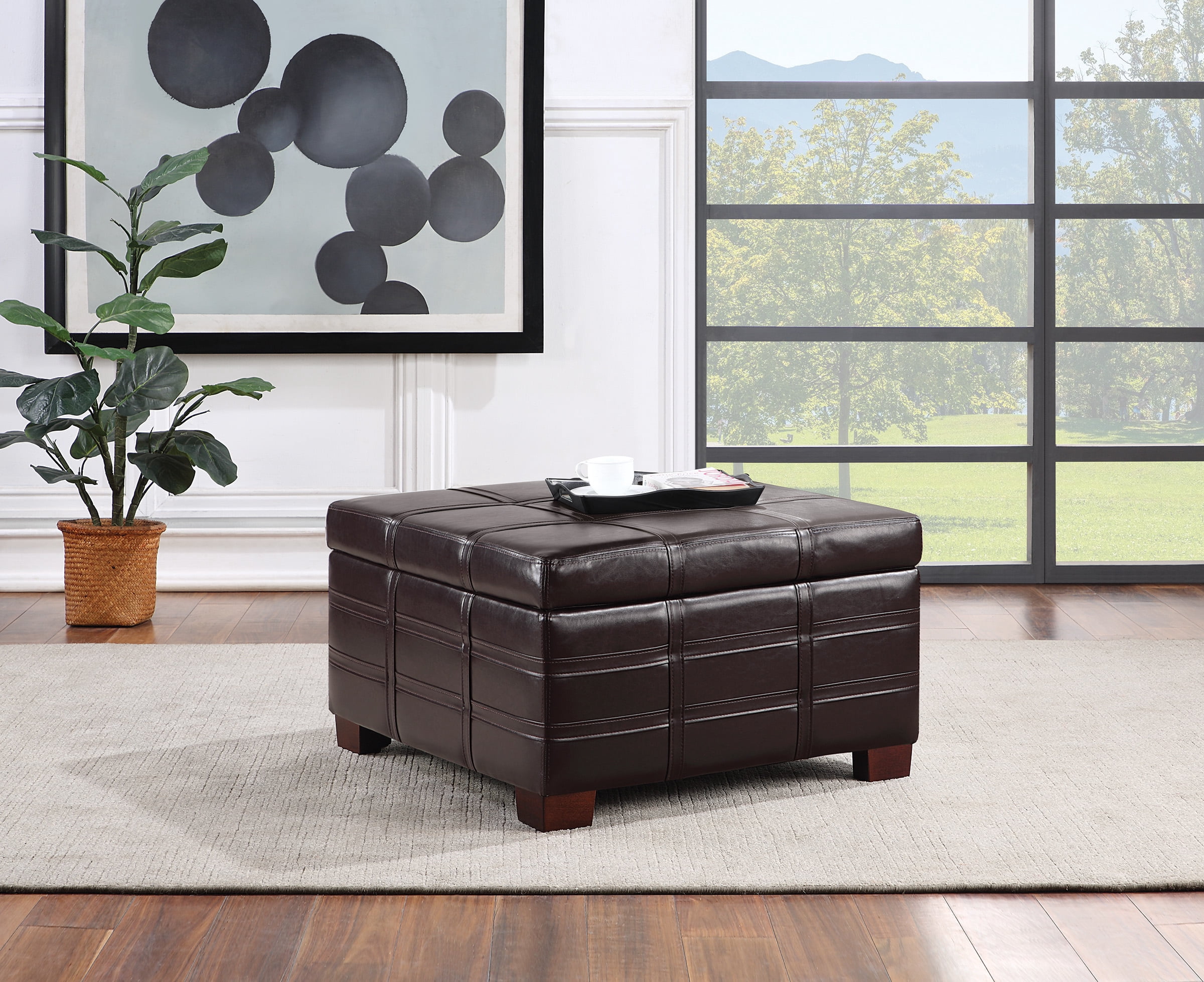 Detour Strap Square Storage Ottoman in Espresso Faux Leather