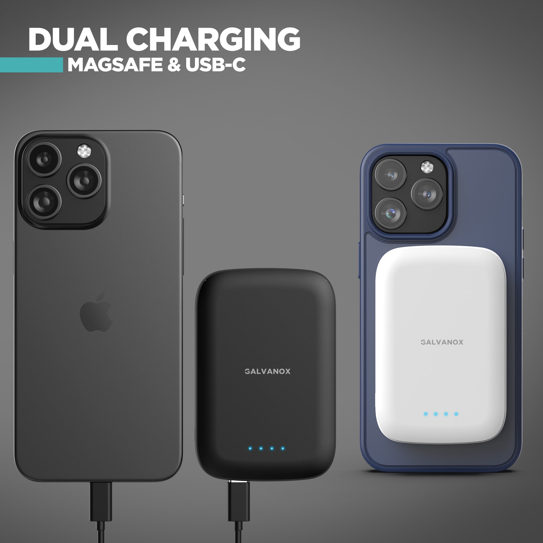 Galvanox Power Bank Compatible with MagSafe for iPhone (2 Pack) 5000mAh USB C Fast Charging Wireless Magnetic Battery Portable Charger with LED Light Indicator (Black/White)