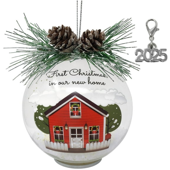 First Christmas in Our New Home Dated 2025 Charm - LED Lighted Glass Ball Ornament with Glittery Snow, Pinecones Greenery - 1928