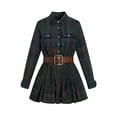 thumbnail image 4 of Women Vintage Plaid Mini Shirt Dresses Elegant Pleated Long Sleeve Button Down Dresses Collared A-Line Flowy Babydoll Dress, 4 of 6