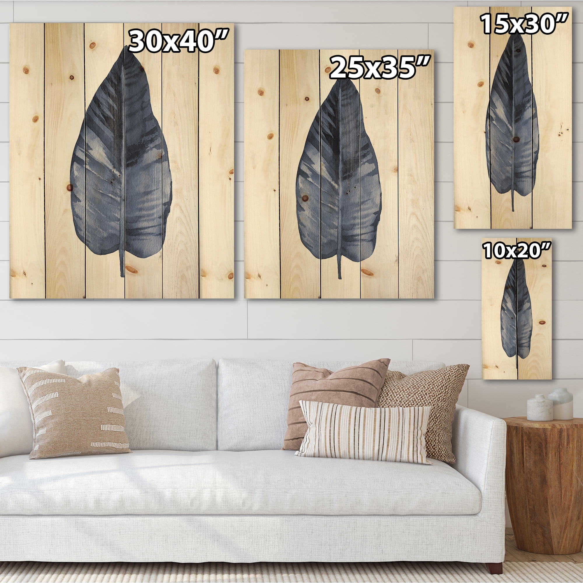 Designart 'Blue Leaf Watercolour On White Background' Traditional Print on Natural Pine Wood