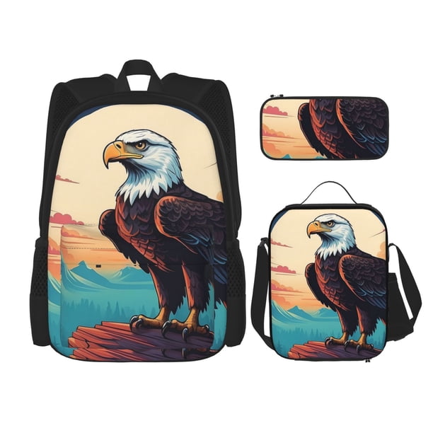 Balery Cartoon Iceberg Bald Eagle Mochila escolar 3 en 1 para niños: mochila resistente con lonchera térmica y estuche para lápices. Mochila escolar para niños y niñas.