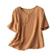 thumbnail image 1 of Pisexur Womens Tops Summer Short Sleeve V Neck Linen Shirts Retro Embroidered Blouses Bottom Button Solid Color T Shirts Loose Flowy Pullover Tops, 1 of 4