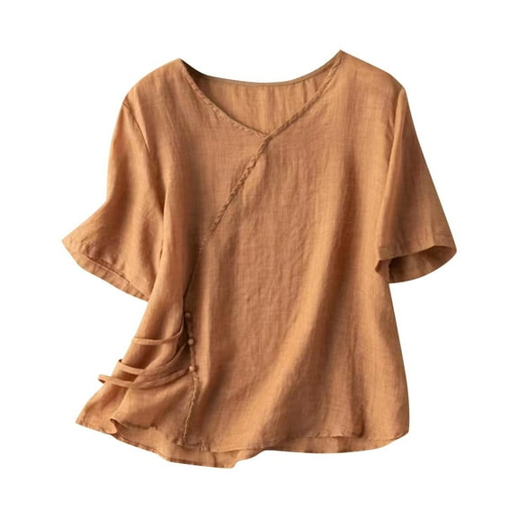 Cotton Linen Womens Shirt Tops 3/4 Sleeve Round Neck Tie Vintage Embroidery Casual Loose Summer Fall Flowy Blouse Tops,Orange,L
