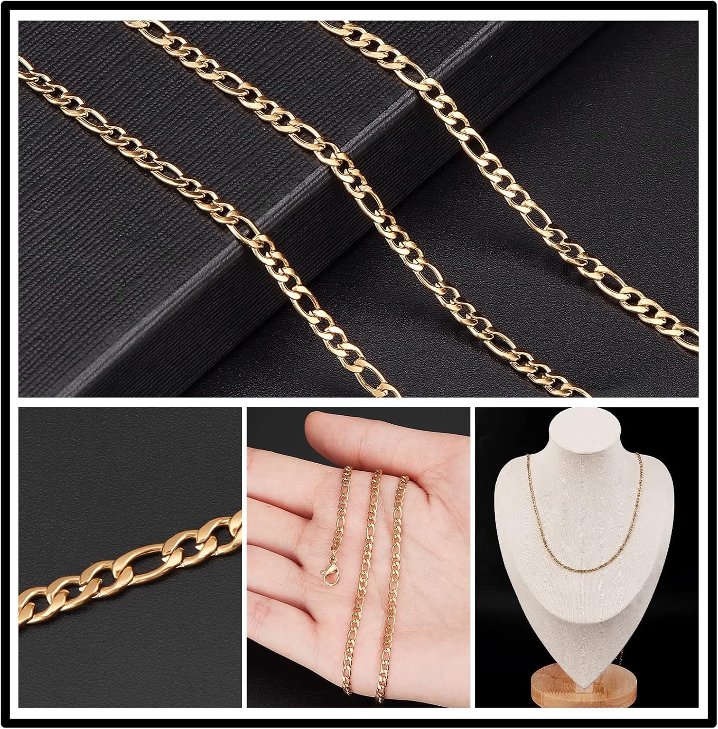 DIY 10M 32.8 Feet 3MM Gold Chain Roll Figaro Chains Stainless Steel Cable Chain Necklace Chains with Jump Rings Lobster Clasps for Women Adults Jewelry Making Kits Necklaces Bracelets Craft 1bag