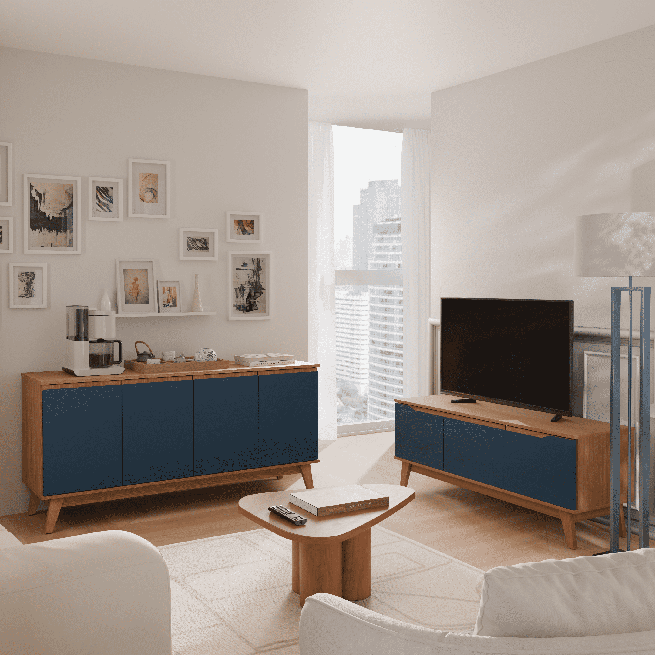 Kappesberg Living Room Furniture Set with 3-Door TV Stand and 4-Door Sideboard Golden Oak/Blue – Modern Storage Combo