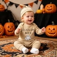 thumbnail image 2 of CUZIBR Boys Halloween Outfits Pumpkin Letter Print Baby Ribbed Three Piece Outfit Crewneck Long Sleeve Bodysuit Pants Knit Hat For Toddler Kids,d-Beige,0-3 Months, 2 of 5
