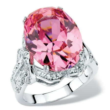 - 13.24 TCW Oval-Cut Simulated Pink Tourmaline Cubic Zirconia Cocktail Ring with White CZ Accents Platinum-Plated