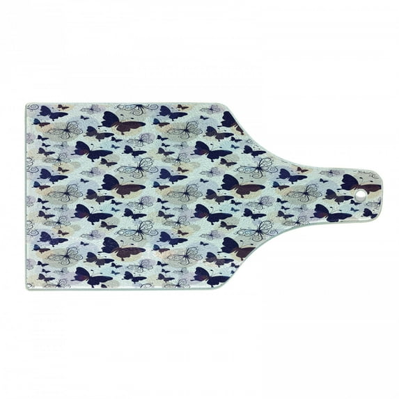 Butterfly Cutting Board, Silhouettes and with Swirled Curly Wings on Pastel Color Blots, Decorative Tempered Glass Cutting and Serving Board, Wine Bottle Shape, Multicolor, by Ambesonne