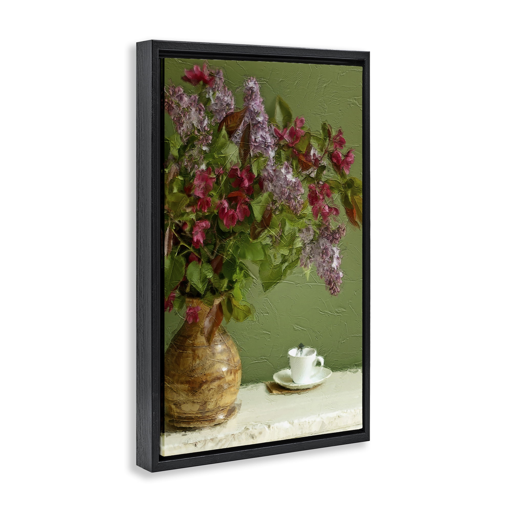 Stupell Industries Flowers & Teacup Botanical & Floral Painting Black Floater Framed Art Print Wall Art, 21 x 31