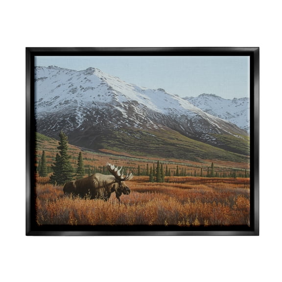 Stupell Industries Moose Rural Mountain Landscape Nature Painting Black Floater Framed Art Print Wall Art, 21 x 17