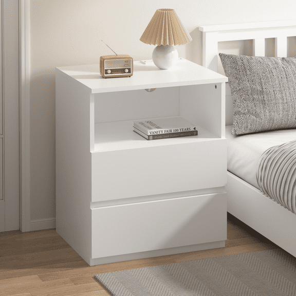 End Table with Charging Station and Storage, 20" Sofa Side Table with 2 Drawers and Open Shelf, Small File Desk for Living Room, Bedroom, Office, White
