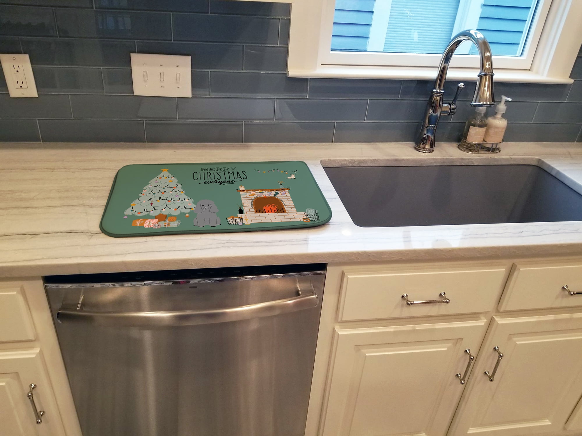 Silver Poodle Christmas Everyone Dish Drying Mat