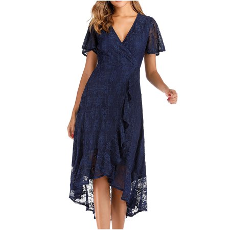 

Airpow Short Sleeve V-Neck Mid-Calf Dress Dress Shoes For Men Fashion Women Summer Short Sleeve Lace Sexy Casual Solid Floral V-Neck Dress Blue L