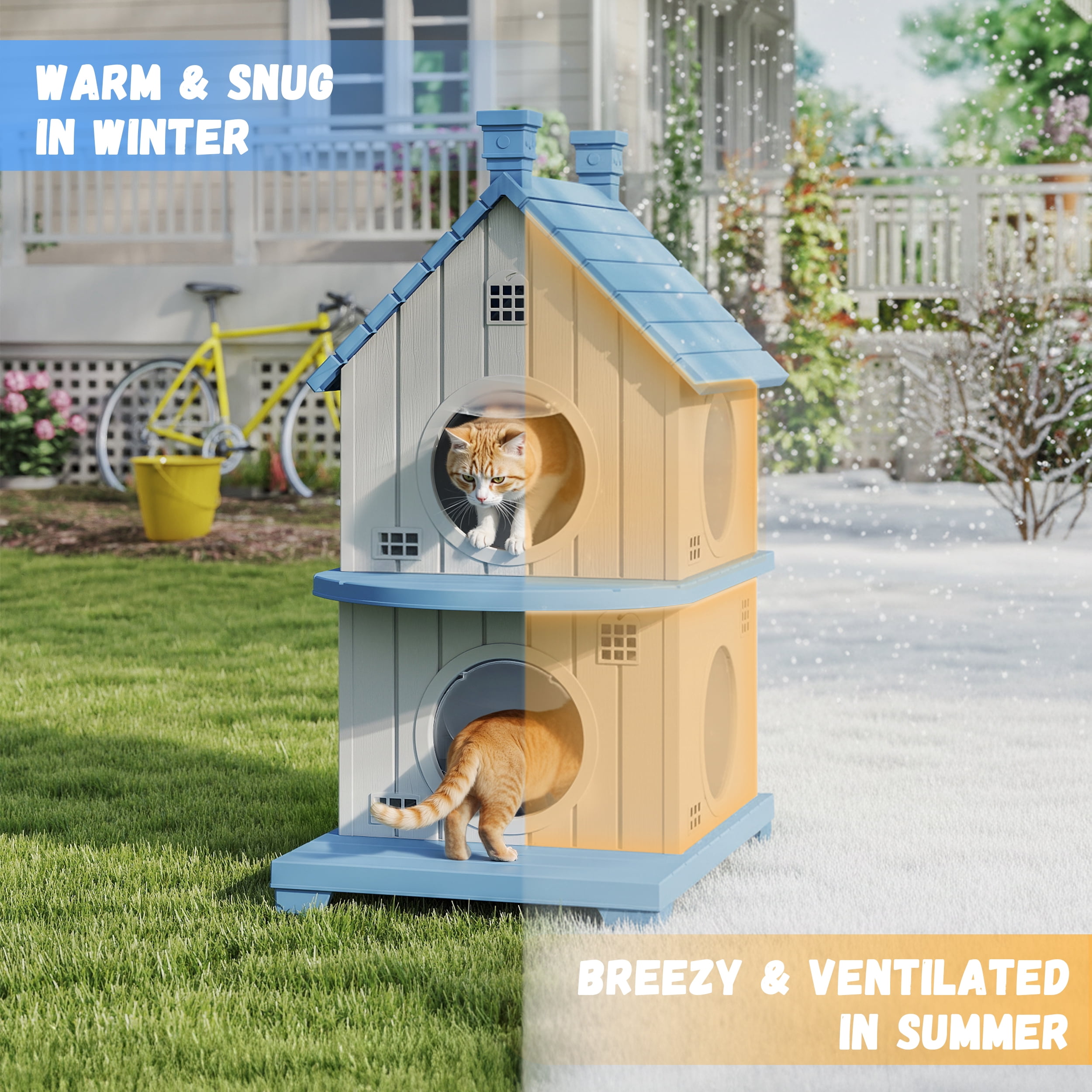 EASY UP Resin Outdoor Cat House,Villa, Multi-layer Design, Weather-resistant and Moisture-proof (Blue)