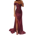 thumbnail image 2 of YMNXA Womens Prom Dress Short Sleeve Sequin Solid Color High Split Floor Length Elegant Low Cut Dresses For Wedding Wine L, 2 of 8
