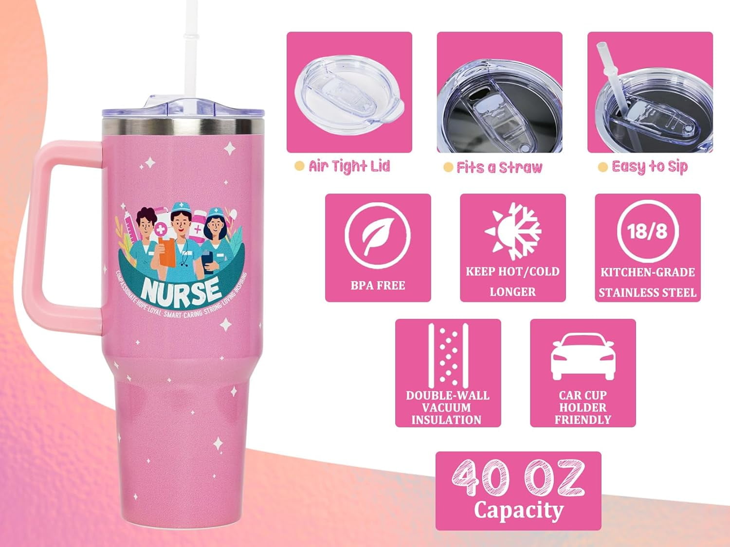 Nurse Gifts - Nurse Gifts for Women, 40 oz Tumbler with Handle and Straw, Insulated Stainless Steel Travel Mug, Nurses Week Gifts, Nurse Appreciation Gifts, Gifts for Nurse,New Nurse Gifts
