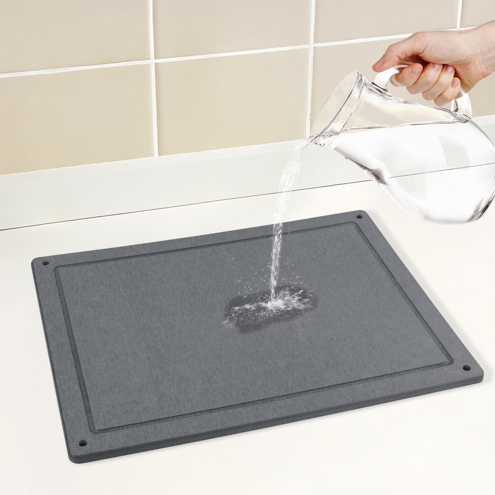 Unique Bargains Diatomaceous Stone Dish Drying Mat with Groove Dark Gray
