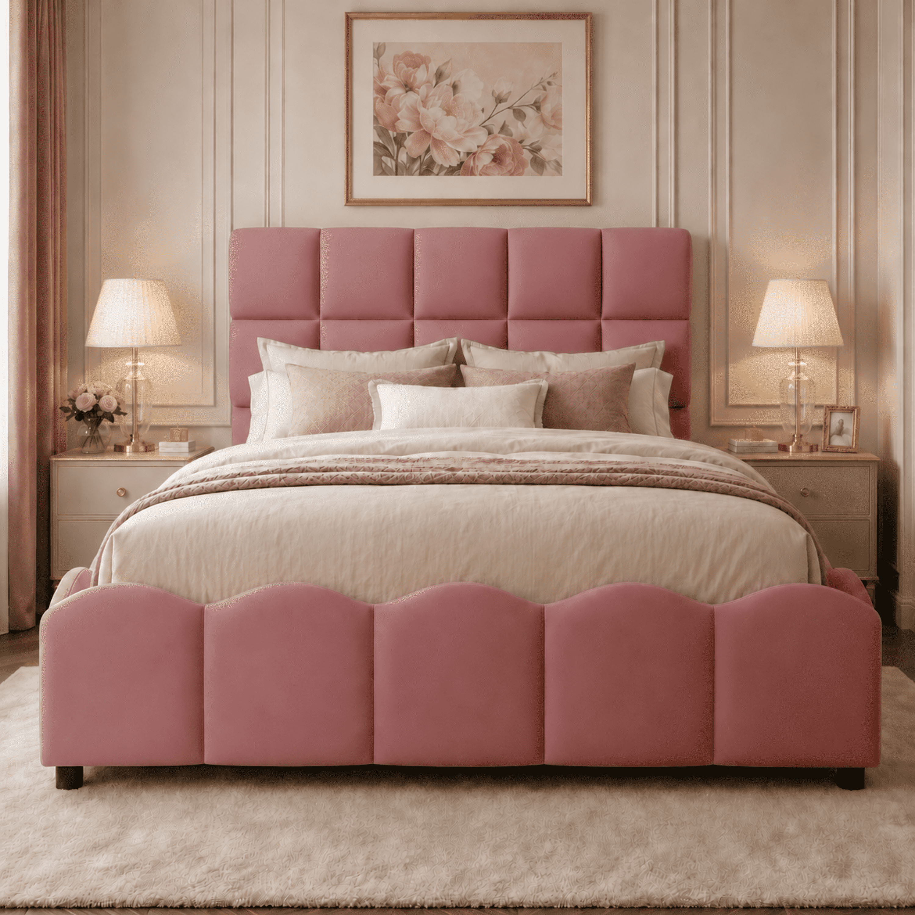 Euroco Upholstery Velvet Full Size Platform Bed with Tall Panel Headboard, No Box Spring Needed, Pink