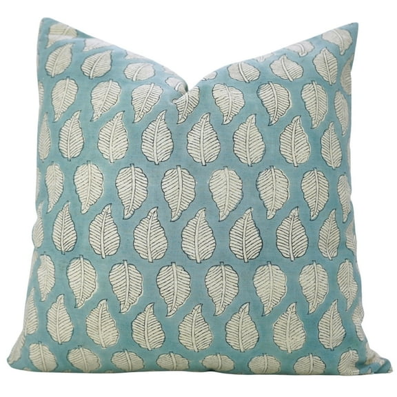 Fabdivine “Panchi” Cushion – Light Blue Hand Block Print Linen Blend Pillow for Farmhouse Living