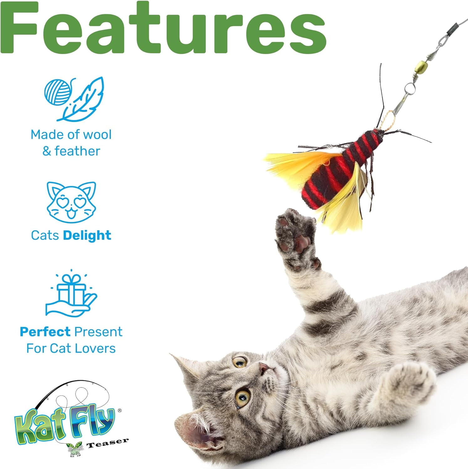 Kat Fly 2 Inch Handmade Cat Toy Teaser Bees and 21 Inch Pink Wand - 3 Pk Green, Red, Yellow, Natural Material Toys