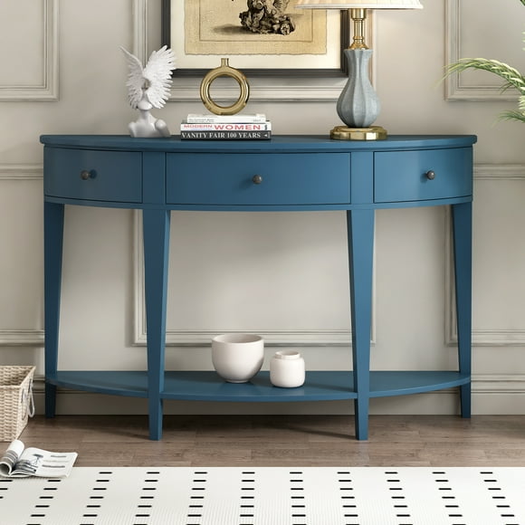 U-Style Curved Console Table with 3 Drawers 51.1“ Blue