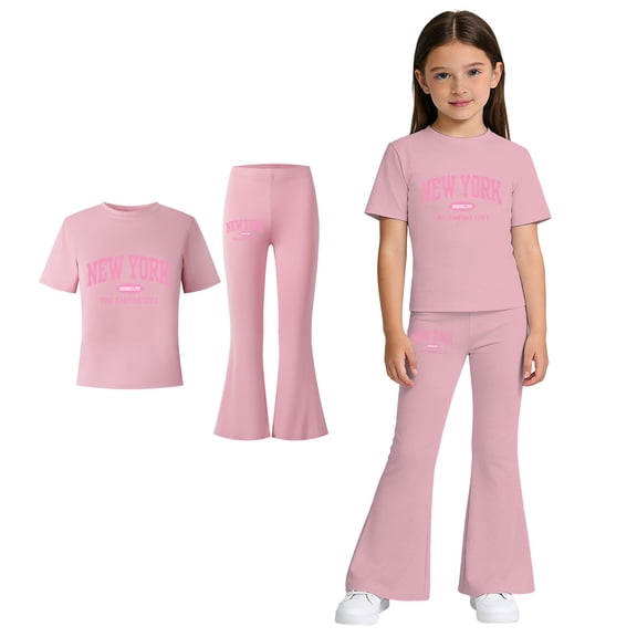 Teen Girls Two Piece Outfits Short Sleeve Letter Print T-Shirt Top and Flared Pants Set Girls Spring Clothes Teen Clothes for Girls 11-12 Years