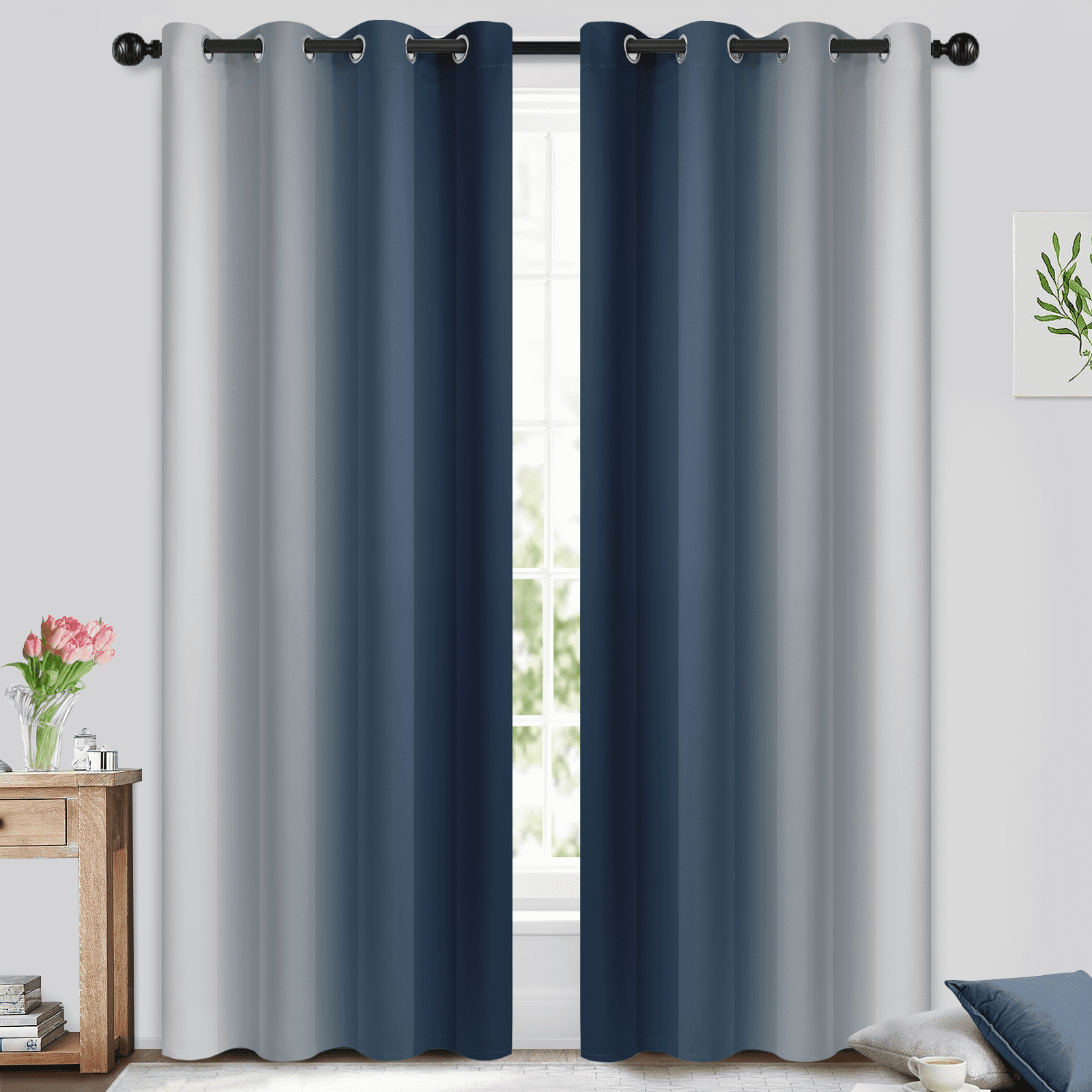 Yakamok Navy Blue Curtain for Bedroom/Living Room Blackout,Ombre Curtains Grommet Light Blocking Room Darkening Window Drapes 2 Panels,52x84 inches