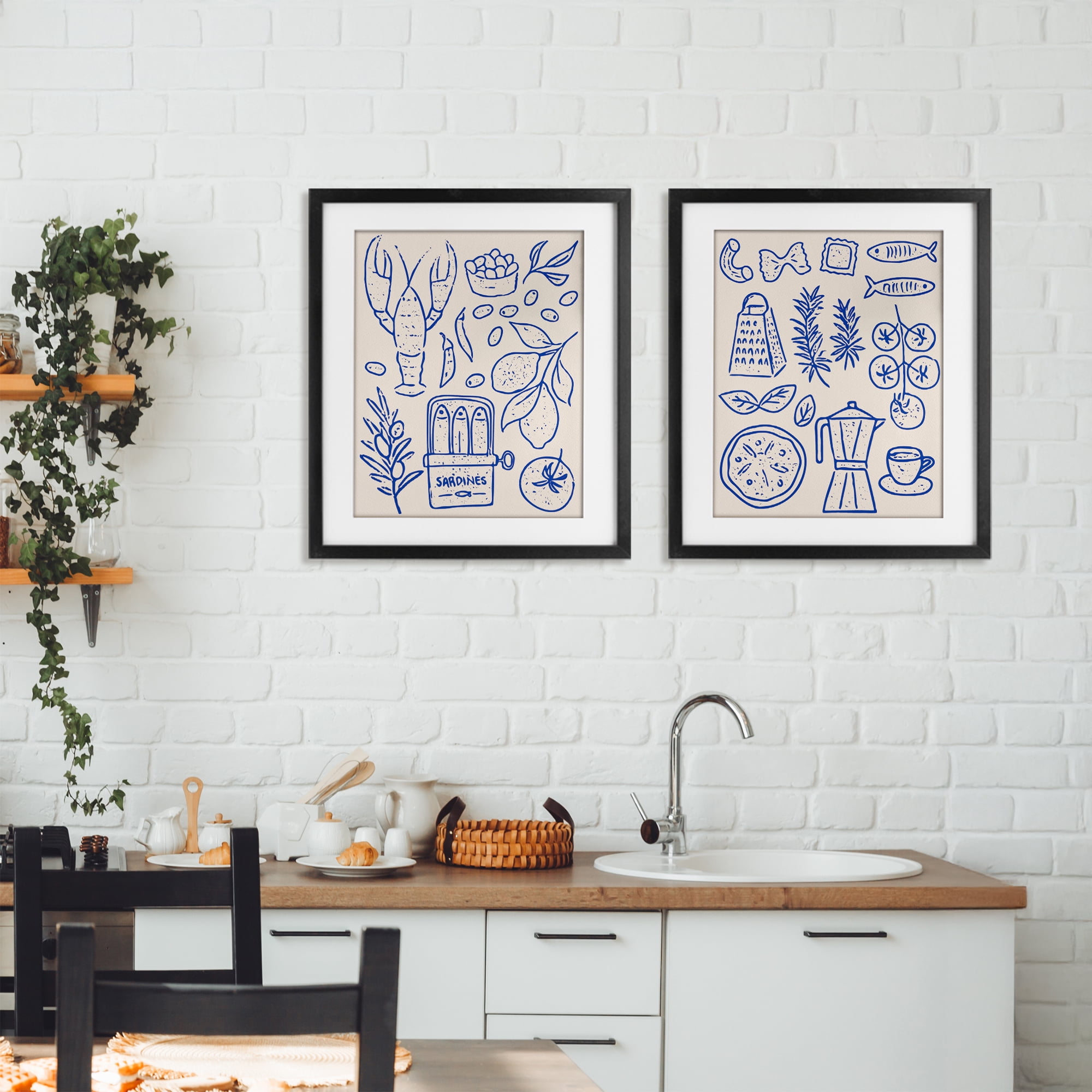 Stupell Industries Mediterranean Kitchen Simplicity 2 Piece Black Framed Print Under Glass Set, design by Camila Juncos