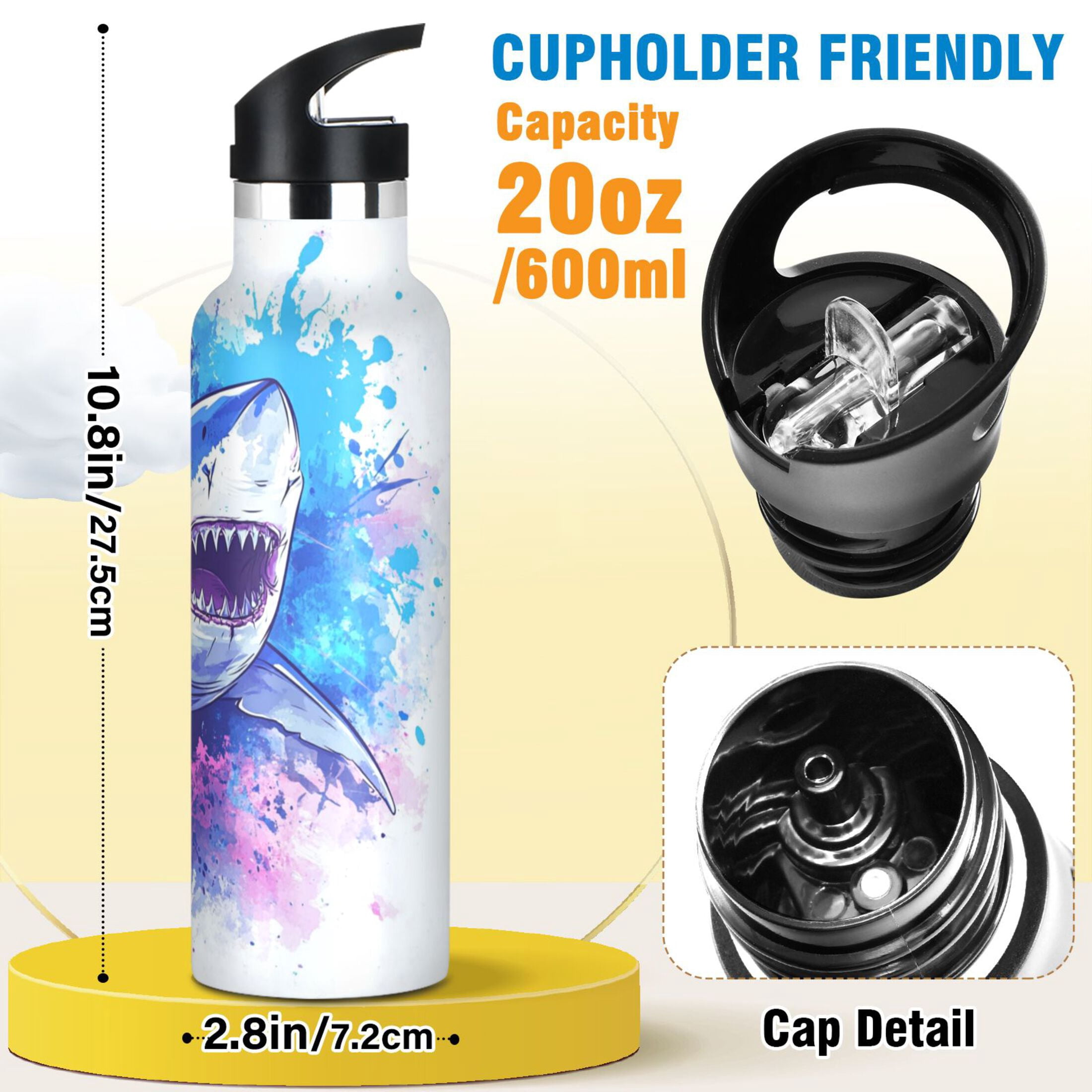 Kids Insulated Stainless Steel Sports Water Bottle 600ml (20oz), BPA-Free Angry Shark
