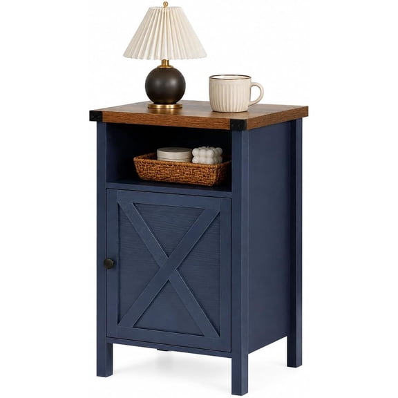 Farmhouse End Table, Nightstand with Barn Door and Shelf,Navy Blue | End Tables,Wooden Sofa Side Table, Modern Bed Side Table Rustic Nightstands, Bedroom, Living Room