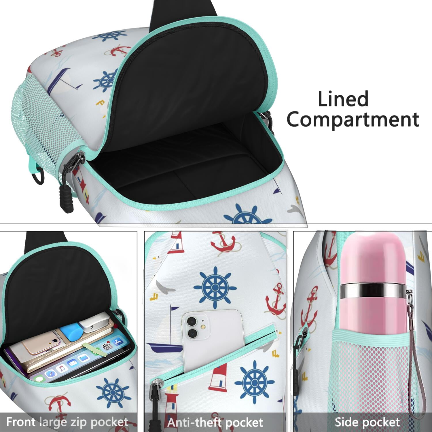 Tropical Beach Daypack - Nautical Shoulder Bag with Coral & Lighthouse Print, Spacious & Organized for Commuting, Traveling, and Casual Use - Unisex Crossbody Sling Bag